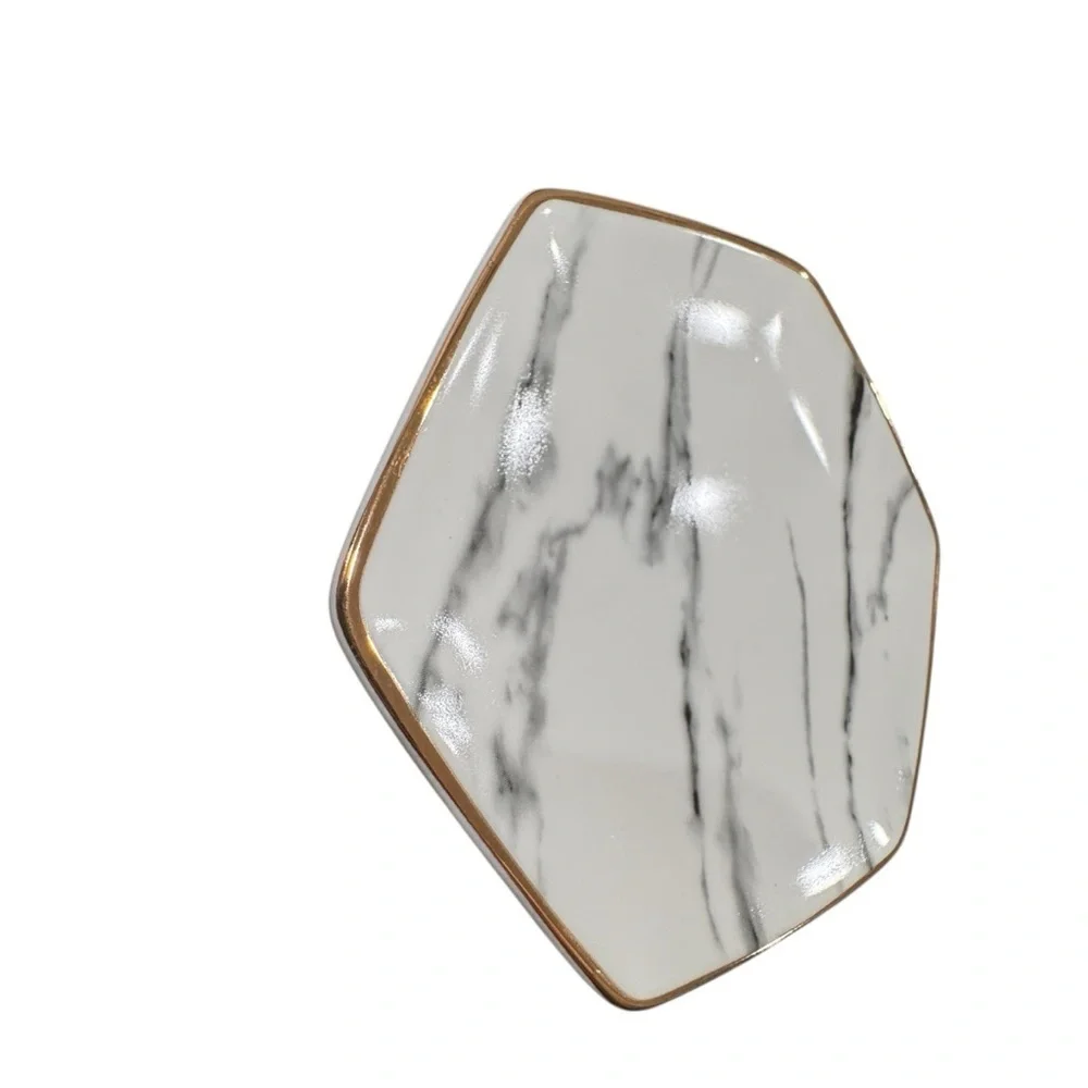 Hexagonal Marble Trinket Dish with Gold Trim